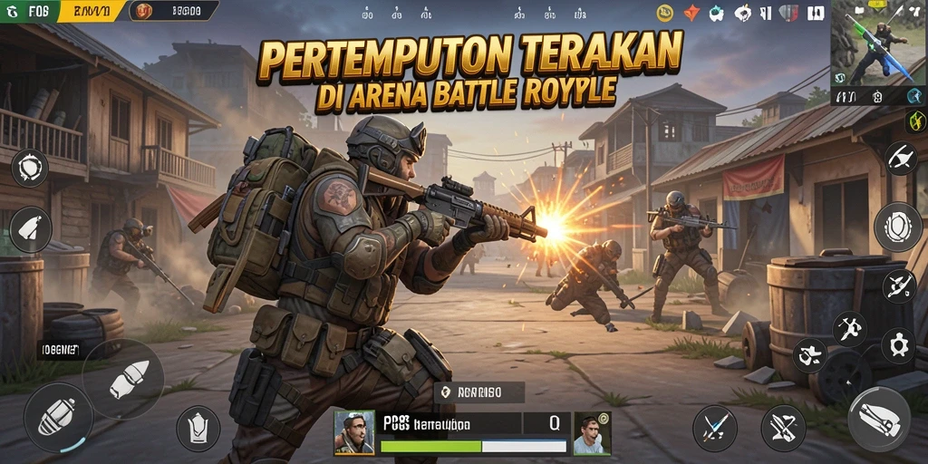 Screenshot gameplay FO8 menampilkan pertempuran seru di arena Battle Royale.