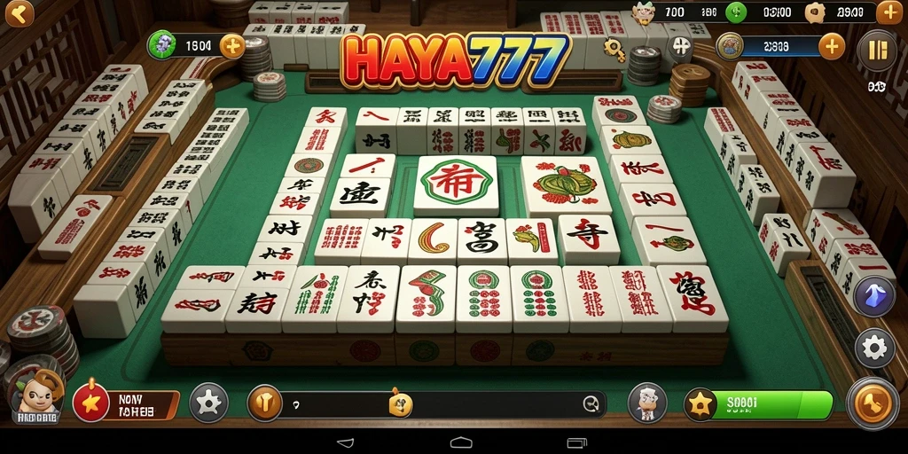 Tampilan gameplay HAYA777 yang menakjubkan dengan ubin Mahjong berwarna-warni.
