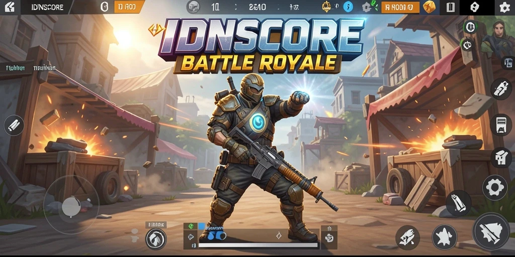 Screenshot utama IDNSCORE menampilkan aksi seru di medan perang Battle Royale.