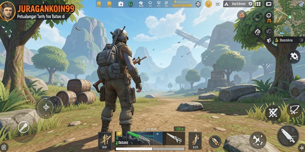 Screenshot gameplay JURAGANKOIN99 menampilkan petualangan di dunia terbuka yang penuh warna.