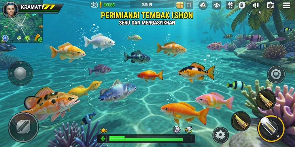 Tampilan permainan KRAMAT77 dengan aksi menembak ikan yang seru.