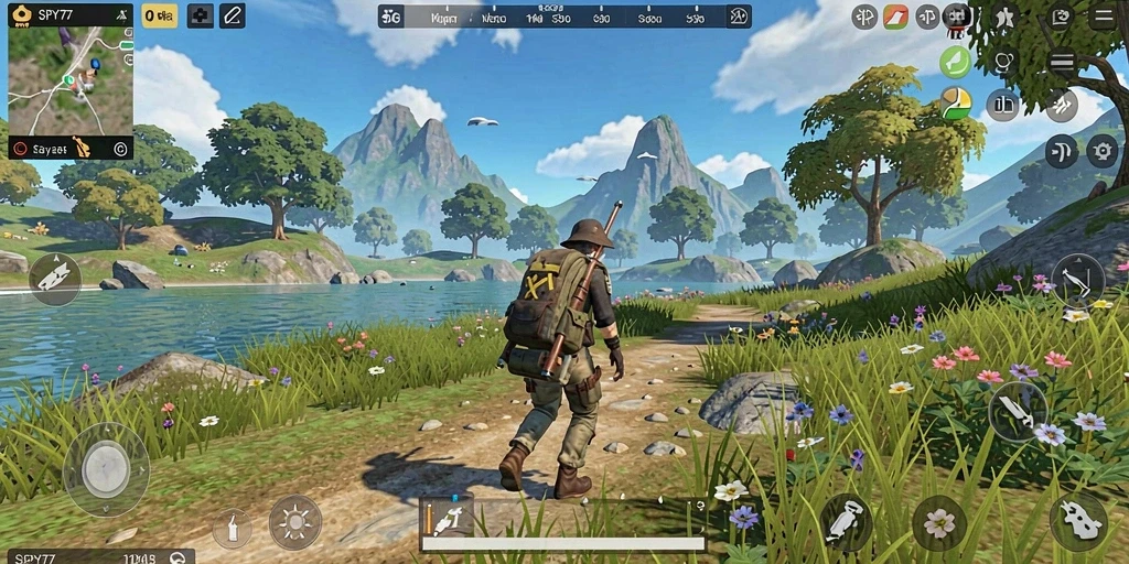 Screenshot gameplay SPY77 menunjukkan eksplorasi dunia terbuka yang luas.