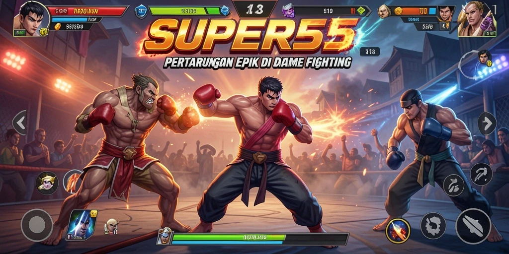Tangkapan layar SUPER5 dengan aksi pertarungan yang mendebarkan.